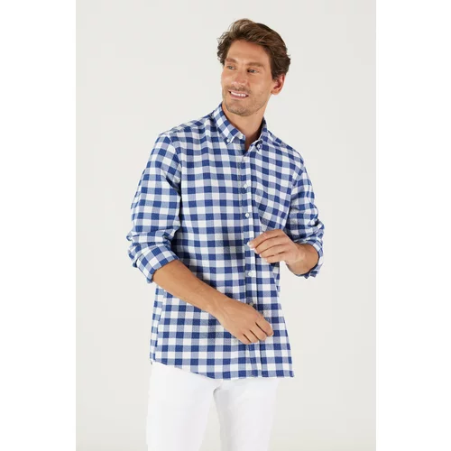 AC&Co / Altınyıldız Classics Men's White-Navy Blue Slim Fit Slim Fit Button-down Collar Check Shirt