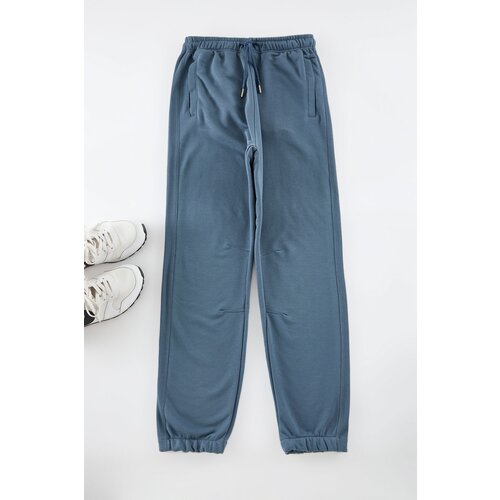 Trendyol indigo oversize/wide cut fabric mix sweatpants Cene