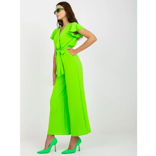 Fashion Hunters RUE PARIS fluo green wide leg coverall with short sleeves
