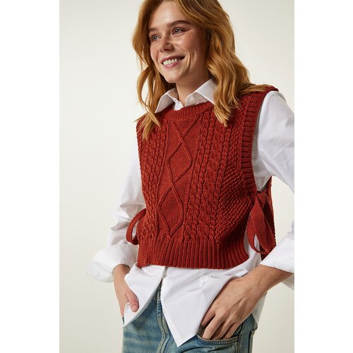 Happiness İstanbul Women's Tile Pattern Tie Crop Knitwear Sweater Slike