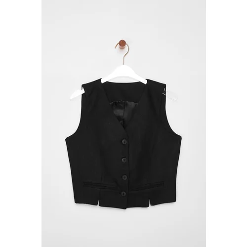 Trendyol Black Fitted Linen V-Neck Crop Vest