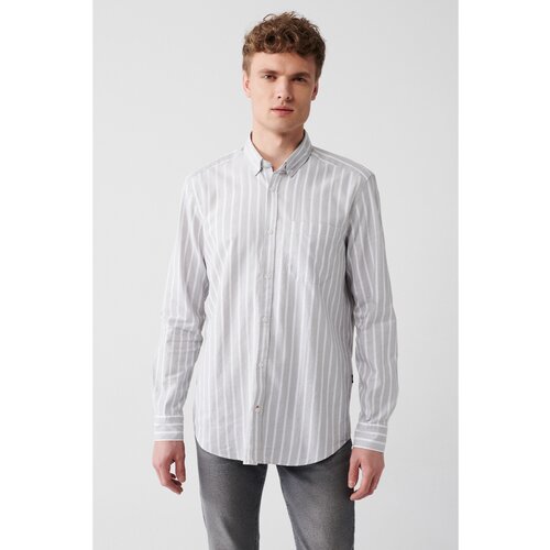 Avva Men's Gray 100% Cotton Oxford Buttoned Collar Striped Standard Fit Regular Cut Shirt Slike