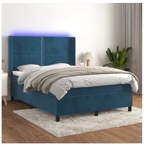  Box spring postelja z vzmetnico LED temno modra 140x190cm žamet