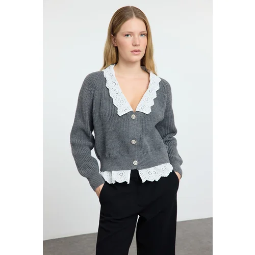  Anthracite Crop Woven Garni Detailed V Neck Knitwear Cardigan