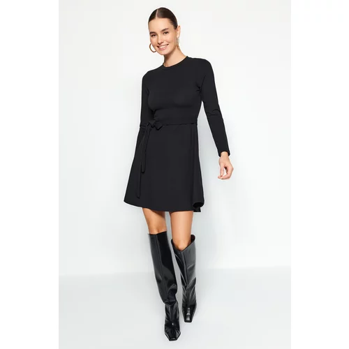 Trendyol Crepe Fabric With Black Belt Standing Skater/Water Open Mini Knitted Dress