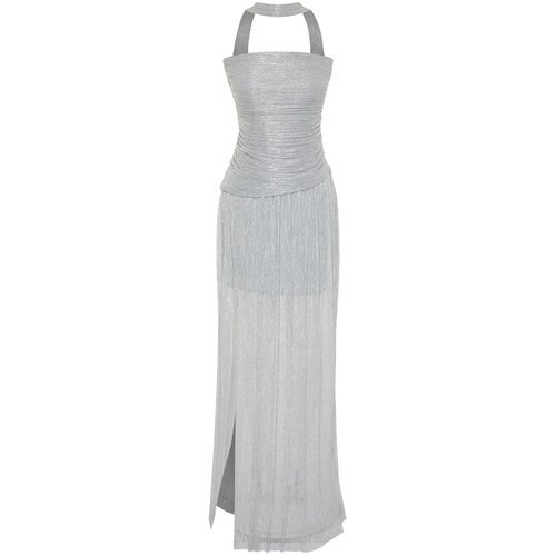 Trendyol Silver Knitted Elegant Long Evening Dress Cene