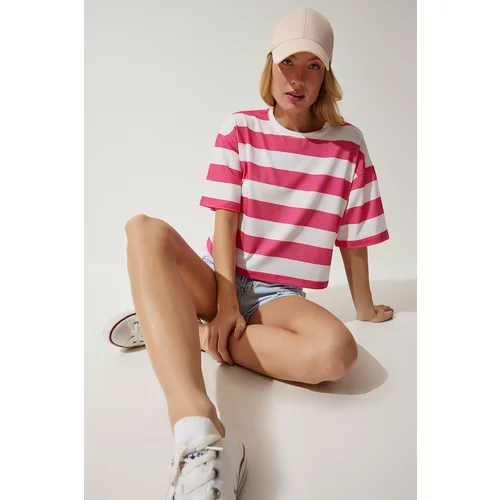 Happiness İstanbul Women's White Pink Crew Neck Striped Crop Knitted T-Shirt