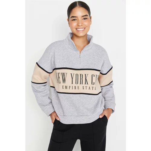 Trendyol Gray Melange Basic Printed Knitted Sweatshirt with Fleece Inside