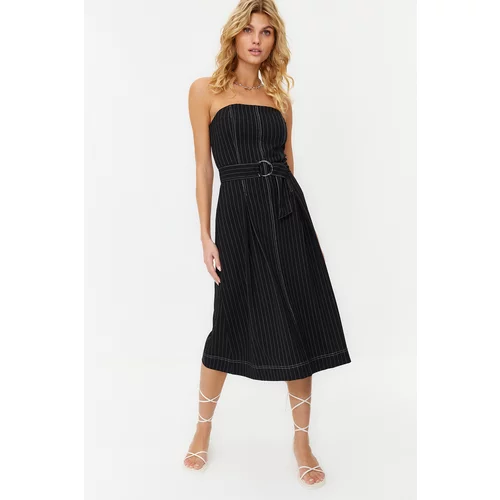 Trendyol Black Belted Premium Fabric Skirt Flounce Striped Woven Dress