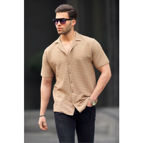 Madmext Men's Camel Striped Short Sleeve Shirt 6703 Slike