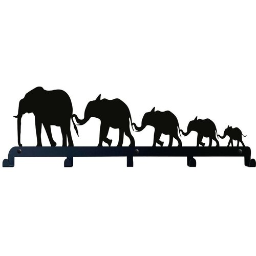 Wallxpert metalni zidni čiviluk 3010, porodica od pet slonova u nizu, 60 x 25 cm, crni Slike