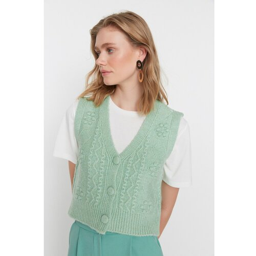 Trendyol Neo Mint Knitted Detailed V-Neck Buttoned Knitwear Sweater Slike