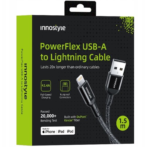 Innostyle POWERFLEX USB LIGHTNING MFI KABEL ZA HITRO POLNJENJE ZA IPHONE KEVLAR 2M ČRN, (21748055) Cene