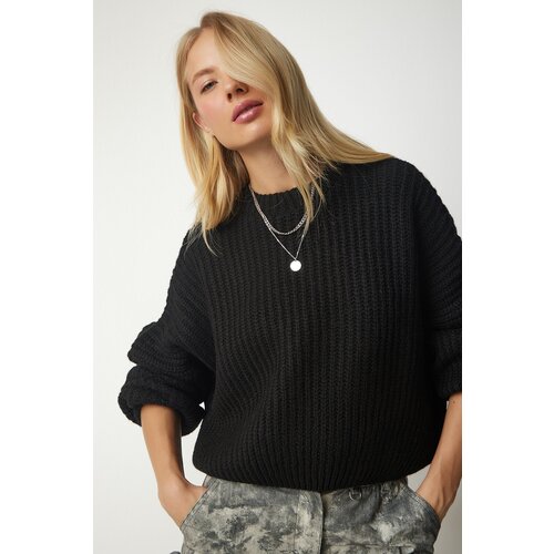 Happiness İstanbul Women's Black Basic Knitwear Sweater with Balloon Sleeves Slike