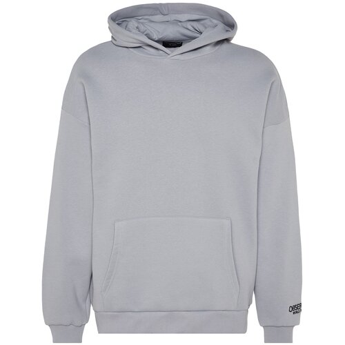 Trendyol Gray Men's Oversize Hoodie. Soft Fabric Thick Sweatshirt with Embroidered Text on the sleeve and Label. Slike