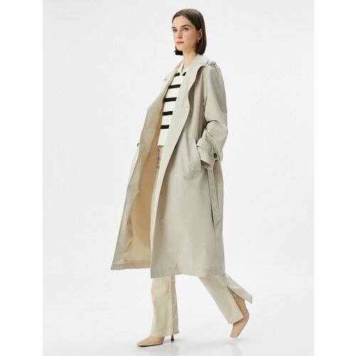 Koton Trench Coat Midi Length Double Breasted Collar Buttoned Pocket Belted Cene