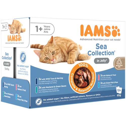  36 + 12 gratis! 48 x 85 g IAMS mokra mačja hrana - Delights Adult Sea Mix - v želeju Cijene