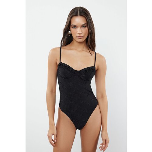 Trendyol Black V-Neck Tie-Up Regular Swimsuit Slike