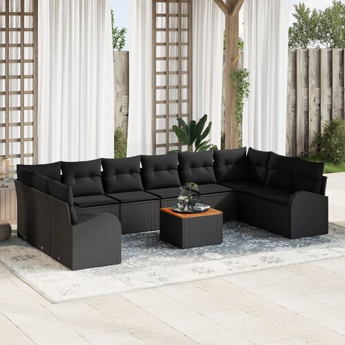 VidaXL 11-delni vrtni sofa set z blazinami Črna Poli Ratan Akacija Slike