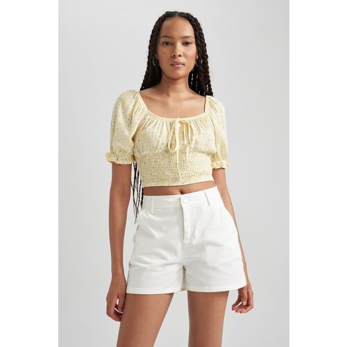 Defacto Fitted Square Neck Printed Short Sleeve Crop Blouse Slike