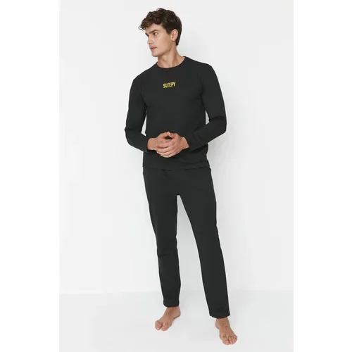 Trendyol Men's Black Slogan Printed Regular Fit 2 Yarn Knitted Pajamas Set