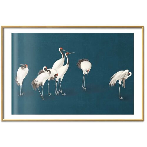  Plakat - Evening at the Pond - group of cranes drawn in dry pastel on a dark turquoise background 90x60 Zlatni okvir s margom Slike