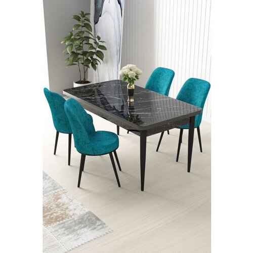 Hanah home Nil - Black Marble, Turquoise Black MarbleTurquoise Dining Table & Chairs Set (5 Pieces) Cene