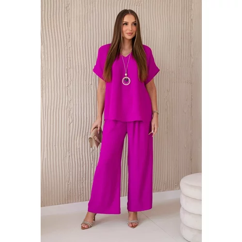 Kesi Set with necklace blouse + trousers dark purple