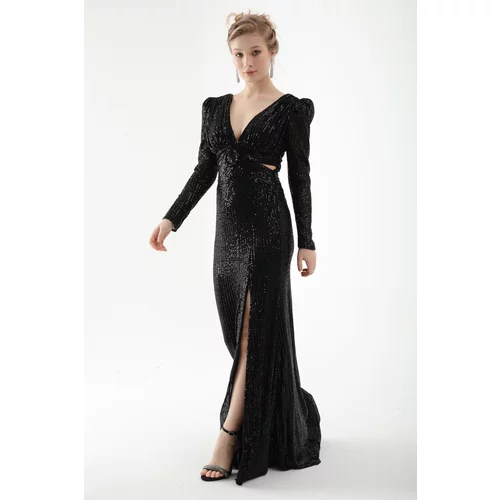 Lafaba Women's Black V-Neck Waist Decollete Sequined Long Evening Dress