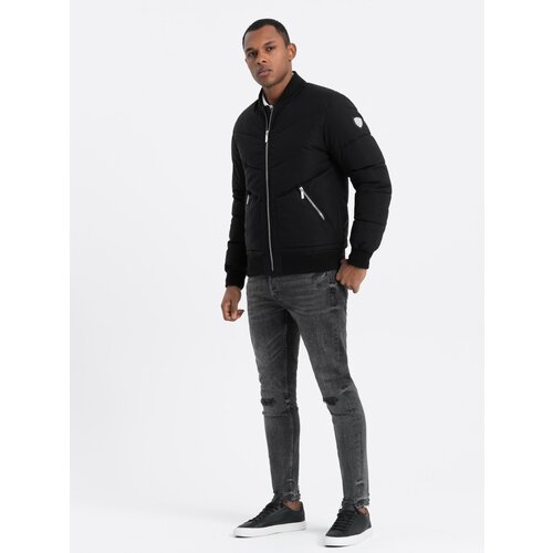 Ombre Men's quilted bomber jacket with metal zippers - black Slike