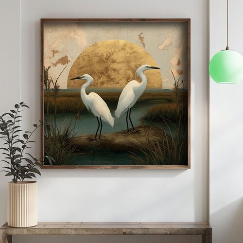 Wallxpert uramljena mdf slika DOS067-70, dve bele čaplje ispred zlatnog sunca, 70 x 70 cm Cene