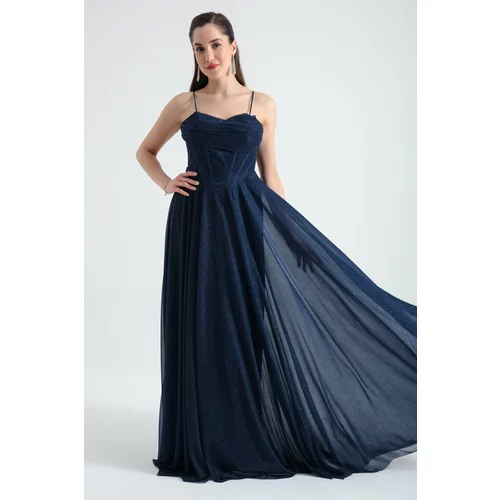 Lafaba Women's Navy Blue Underwire Corset Silvery Long Evening Dress