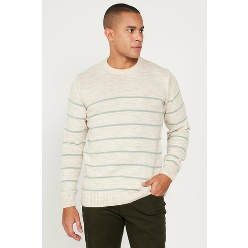 AC&Co / Altınyıldız Classics Men's Beige-Mint Standard Fit Normal Cut Crew Neck Striped Knitwear Sweater. Cene