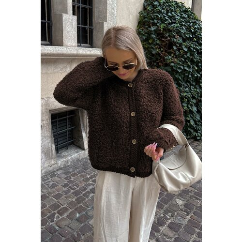 Madmext Brown Buttoned Boucle Knitwear Cardigan Slike