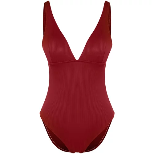 Trendyol Burgundy V-Neck Textured Swimsuit