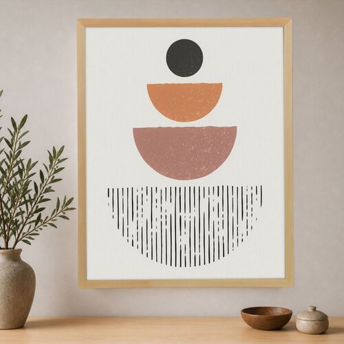 Wallxpert uramljena slika na platnu Cc-D-Ah-1048, crni krug i narandžasti i roze polukrugovi sa linijama, 70 x 95 cm Cene