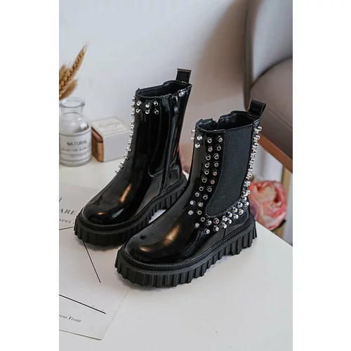 Kesi Girls' patented Chelsea shoes decorated with black Adelie rhinestones