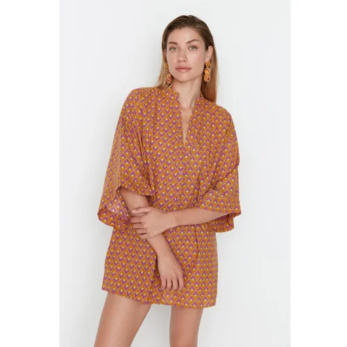 Trendyol Mustard Geometric Patterned Shirt Beach Dress