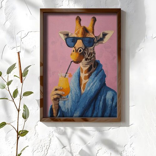 Wallxpert uramljena MDF slika NAL002-70, žirafa sa naočarima za sunce u plavom bademantilu pije sok, 50 x 70 cm Cene