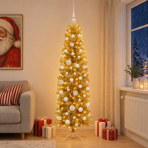 Umjetno usko božićno drvce s kuglicama 300 LED lampica Slike
