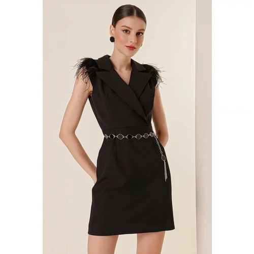 By Saygı Double-breasted Collar Feather Detailed Dress With a Belt Black