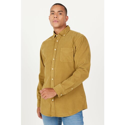 AC&Co / Altınyıldız Classics Men's Oil Green Comfort Fit Wide-Fit Buttoned Collar Velvet Shirt Slike