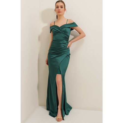 By Saygı Boat Neck Skirt Pleated Lined Long Dress In Satin Emerald Slike
