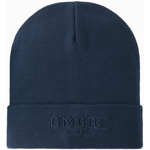 Ombre Men's knitted beanie hat with embroidered inscription - navy blue Cene