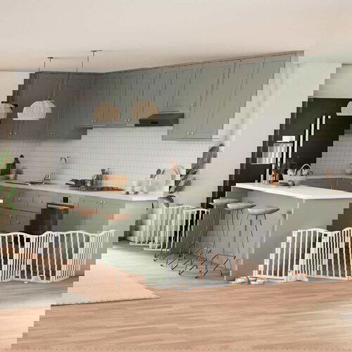 VidaXL Ograda za pse z vrati zložljiva 15 panelov bela 750 cm les Slike
