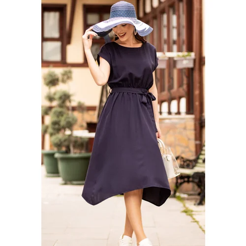 armonika Women's Navy Round Neck Tie Waist Dress