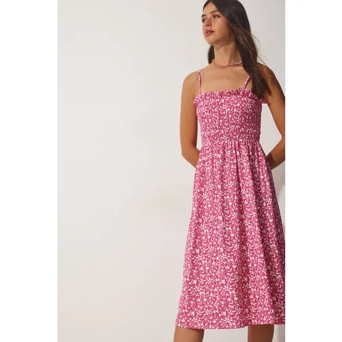 Happiness İstanbul Women's Pink Viscose Summer Dress with Straps and Flowers
