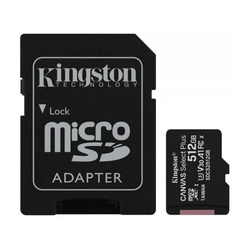 Kingston SDCS2/512GB MicroSD 512GB, Canvas Select Plus, Class 10 UHS-I U3 V30 A1, Read up to 100MB/s, Write up to 85MB/s, w/SD adapter Cene