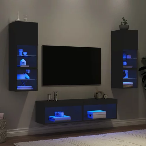  6-dijelni zidni TV elementi s LED svjetlima crni drveni