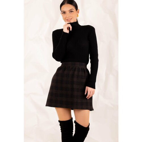 armonika Women's Brown Checkered Short Skirt With Elastic Waist Slike